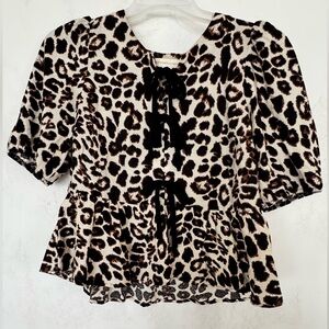 MONTEAU Womens Leopard Print PeplumTop Blouse with Ribbon Black Bow Accents